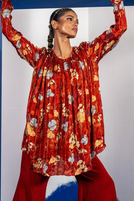 Label Shristi Chetani_Rust Bamboo, Crepe Round Neck Gathered Floral Printed Kurta And Flared Pants_Online_at_Aza_Fashions