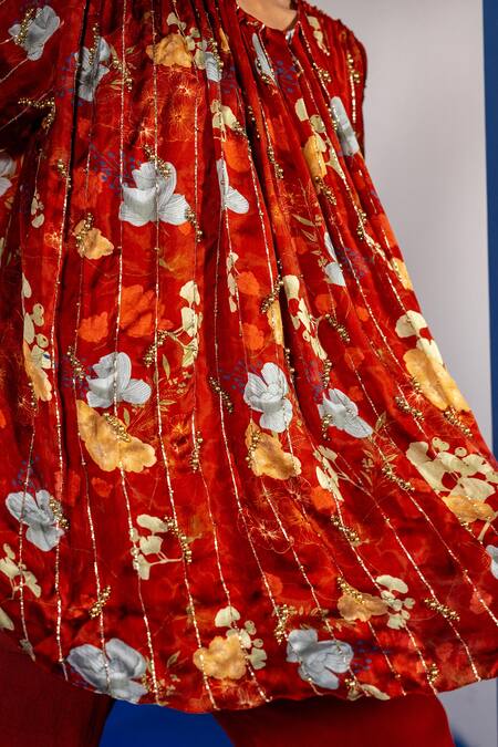 Buy_Label Shristi Chetani_Rust Bamboo, Crepe Round Neck Gathered Floral Printed Kurta And Flared Pants_Online_at_Aza_Fashions