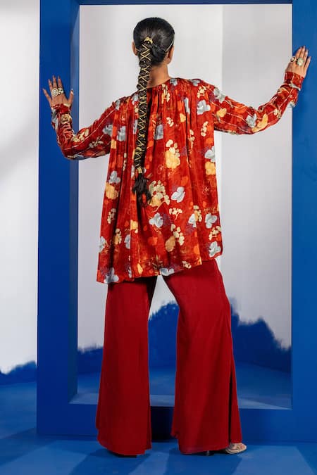 Label Shristi Chetani Gathered Floral Printed Kurta & Flared Pants 