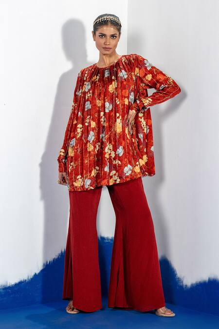 Shop_Label Shristi Chetani_Rust Bamboo, Crepe Round Neck Gathered Floral Printed Kurta And Flared Pants_Online_at_Aza_Fashions