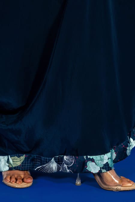 Label Shristi Chetani Blue Crepe Beads Round Neck Draped Maxi Dress With Waist Embellishment Online at Aza Fashions Label Shristi Chetani_Blue Crepe Beads Round Neck Draped Maxi Dress With Waist Embellishment _Online_at_Aza_Fashions