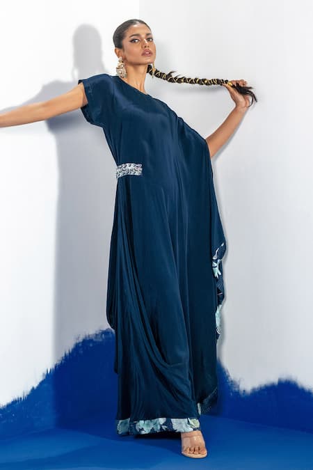 Buy Label Shristi Chetani Blue Crepe Beads Round Neck Draped Maxi Dress With Waist Embellishment Online at Aza Fashions Buy_Label Shristi Chetani_Blue Crepe Beads Round Neck Draped Maxi Dress With Waist Embellishment _Online_at_Aza_Fashions
