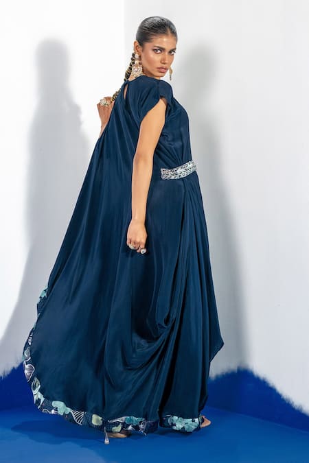Shop Label Shristi Chetani Blue Crepe Beads Round Neck Draped Maxi Dress With Waist Embellishment Online at Aza Fashions Shop_Label Shristi Chetani_Blue Crepe Beads Round Neck Draped Maxi Dress With Waist Embellishment _Online_at_Aza_Fashions