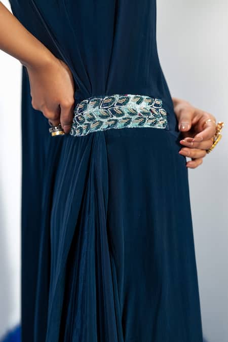 Label Shristi Chetani Blue Crepe Beads Round Neck Draped Maxi Dress With Waist Embellishment at Aza Fashions Label Shristi Chetani_Blue Crepe Beads Round Neck Draped Maxi Dress With Waist Embellishment _at_Aza_Fashions