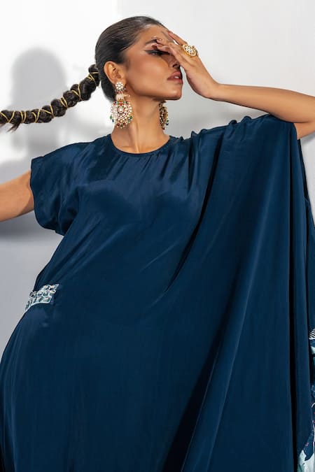 Buy Label Shristi Chetani Blue Crepe Beads Round Neck Draped Maxi Dress With Waist Embellishment Buy_Label Shristi Chetani_Blue Crepe Beads Round Neck Draped Maxi Dress With Waist Embellishment