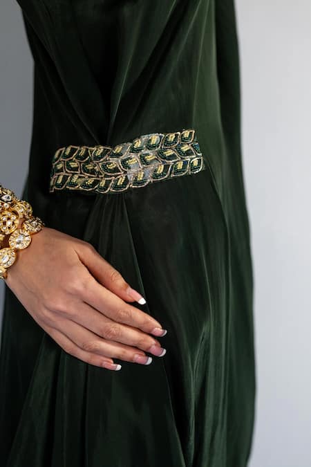 Label Shristi Chetani Green Round Neck Draped Maxi Dress With Waist Embellishment Online at Aza Fashions Label Shristi Chetani_Green Round Neck Draped Maxi Dress With Waist Embellishment_Online_at_Aza_Fashions