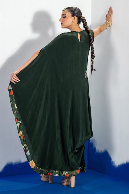 Shop Label Shristi Chetani Green Round Neck Draped Maxi Dress With Waist Embellishment at Aza Fashions Shop_Label Shristi Chetani_Green Round Neck Draped Maxi Dress With Waist Embellishment_at_Aza_Fashions