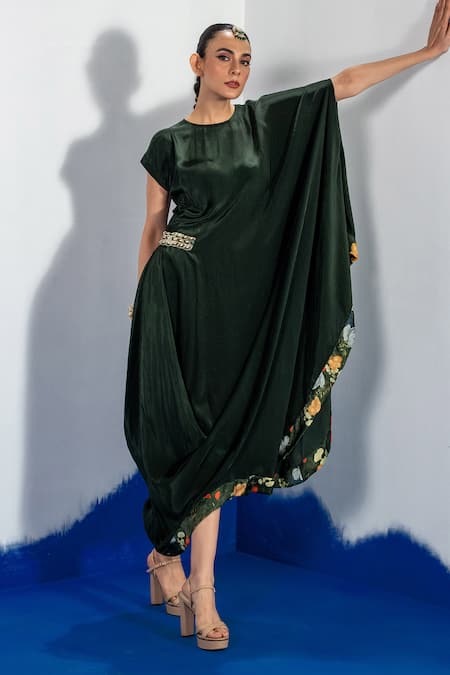 Shop Label Shristi Chetani Green Round Neck Draped Maxi Dress With Waist Embellishment Online at Aza Fashions Shop_Label Shristi Chetani_Green Round Neck Draped Maxi Dress With Waist Embellishment_Online_at_Aza_Fashions
