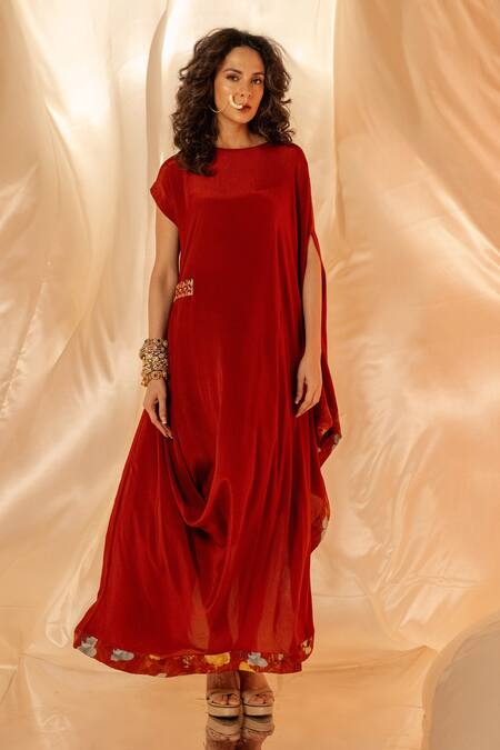 Label Shristi Chetani Rust Round Neck Draped Maxi Dress With Waist Embellishment Online at Aza Fashions Label Shristi Chetani_Rust Round Neck Draped Maxi Dress With Waist Embellishment_Online_at_Aza_Fashions