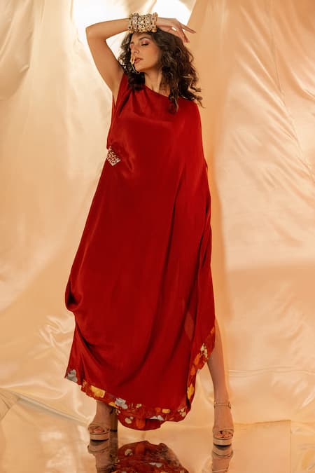 Shop Label Shristi Chetani Rust Round Neck Draped Maxi Dress With Waist Embellishment Online at Aza Fashions Shop_Label Shristi Chetani_Rust Round Neck Draped Maxi Dress With Waist Embellishment_Online_at_Aza_Fashions