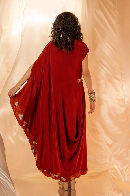 Shop Label Shristi Chetani Rust Round Neck Draped Maxi Dress With Waist Embellishment at Aza Fashions Shop_Label Shristi Chetani_Rust Round Neck Draped Maxi Dress With Waist Embellishment_at_Aza_Fashions