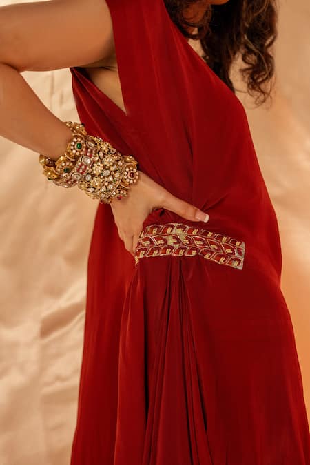 Label Shristi Chetani Rust Round Neck Draped Maxi Dress With Waist Embellishment at Aza Fashions Label Shristi Chetani_Rust Round Neck Draped Maxi Dress With Waist Embellishment_at_Aza_Fashions