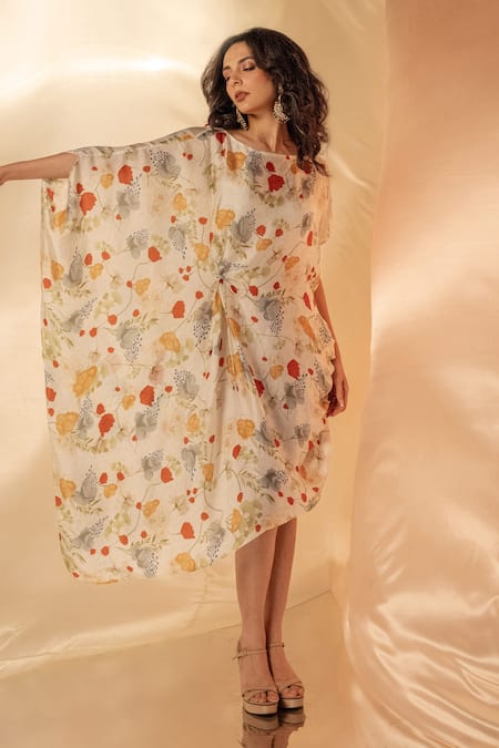 Buy_Label Shristi Chetani_White Round Neck Floral Drape Midi Dress_Online_at_Aza_Fashions