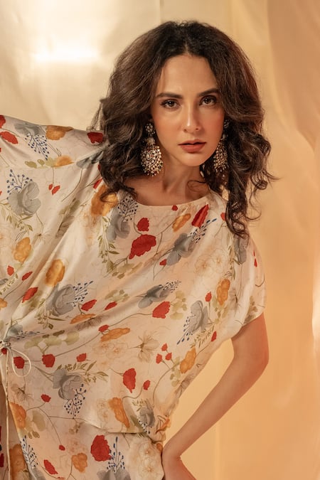 Shop_Label Shristi Chetani_White Round Neck Floral Drape Midi Dress_Online_at_Aza_Fashions