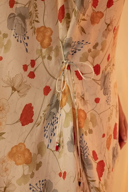 Label Shristi Chetani_White Round Neck Floral Drape Midi Dress_at_Aza_Fashions