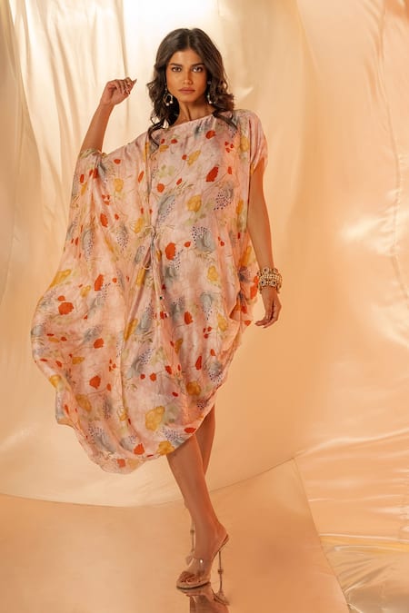 Label Shristi Chetani Pink Satin Round Neck Floral Drape Midi Dress Online at Aza Fashions Label Shristi Chetani_Pink Satin Round Neck Floral Drape Midi Dress _Online_at_Aza_Fashions