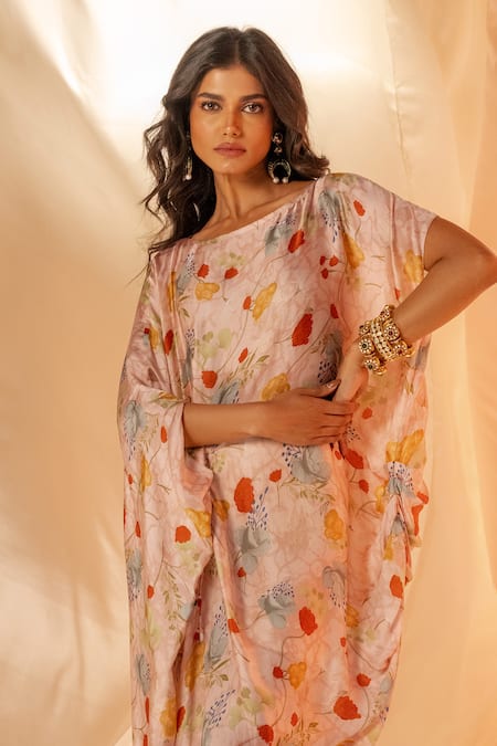 Shop Label Shristi Chetani Pink Satin Round Neck Floral Drape Midi Dress Online at Aza Fashions Shop_Label Shristi Chetani_Pink Satin Round Neck Floral Drape Midi Dress _Online_at_Aza_Fashions
