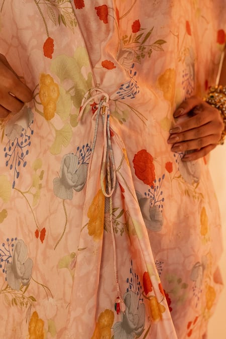 Label Shristi Chetani Pink Satin Round Neck Floral Drape Midi Dress at Aza Fashions Label Shristi Chetani_Pink Satin Round Neck Floral Drape Midi Dress _at_Aza_Fashions