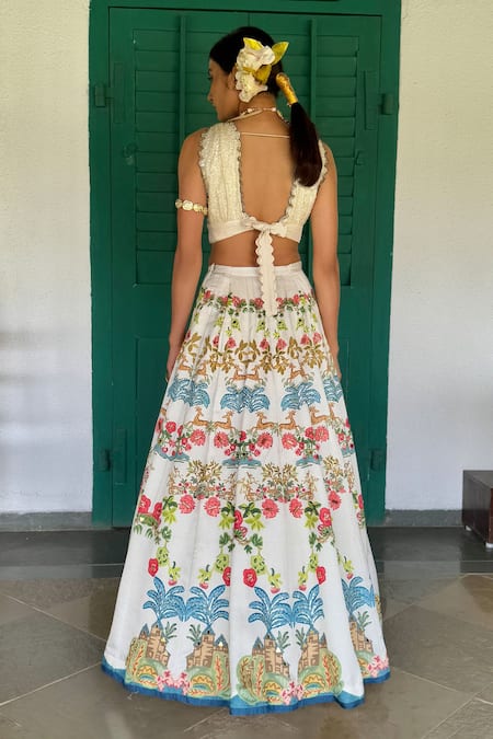 Shop_Basil Leaf_Beige Cotton Embroidery, Sequins V-neck Floral Printed Lehenga Set With Blouse _at_Aza_Fashions