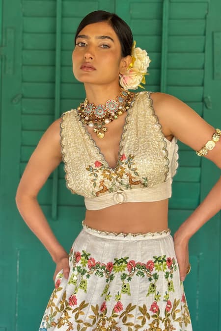 Buy_Basil Leaf_Beige Cotton Embroidery, Sequins V-neck Floral Printed Lehenga Set With Blouse _Online_at_Aza_Fashions