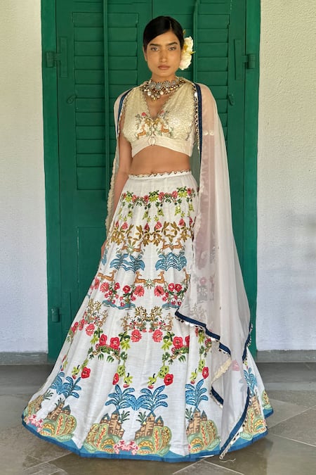 Shop_Basil Leaf_Beige Cotton Embroidery, Sequins V-neck Floral Printed Lehenga Set With Blouse _Online_at_Aza_Fashions