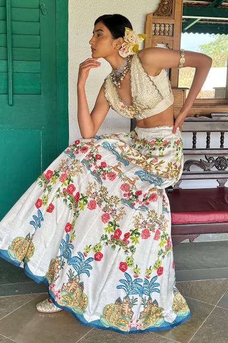Basil Leaf_Beige Cotton Embroidery, Sequins V-neck Floral Printed Lehenga Set With Blouse _at_Aza_Fashions