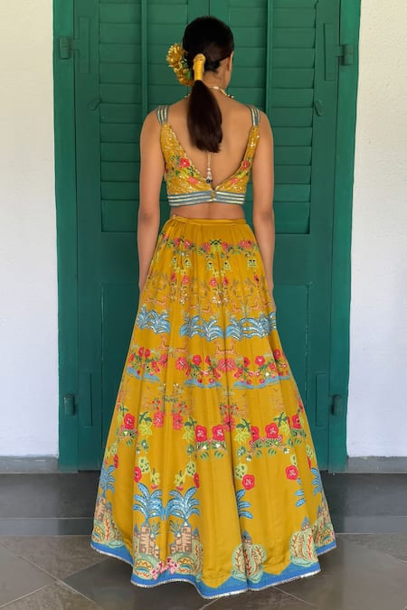 Shop_Basil Leaf_Mustard Linen, Satin, Organza Embroidery, Sequins V-neck Lehenga Set _at_Aza_Fashions
