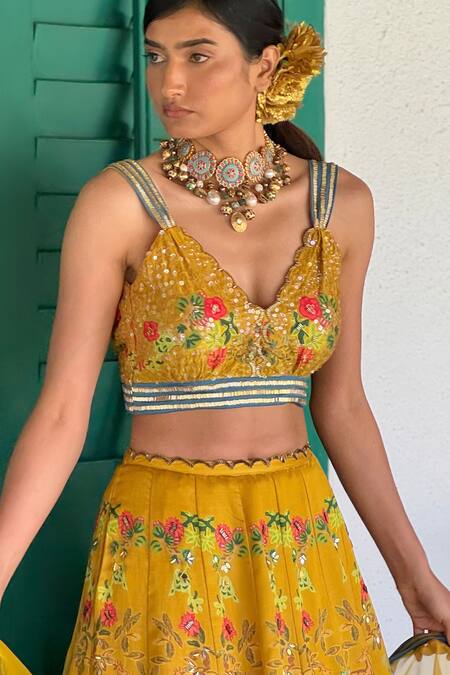 Basil Leaf_Mustard Linen, Satin, Organza Embroidery, Sequins V-neck Lehenga Set _Online_at_Aza_Fashions