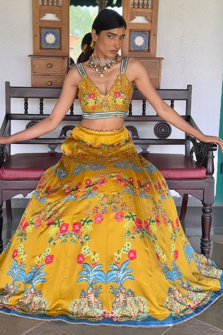 Shop_Basil Leaf_Mustard Linen, Satin, Organza Embroidery, Sequins V-neck Lehenga Set _Online_at_Aza_Fashions