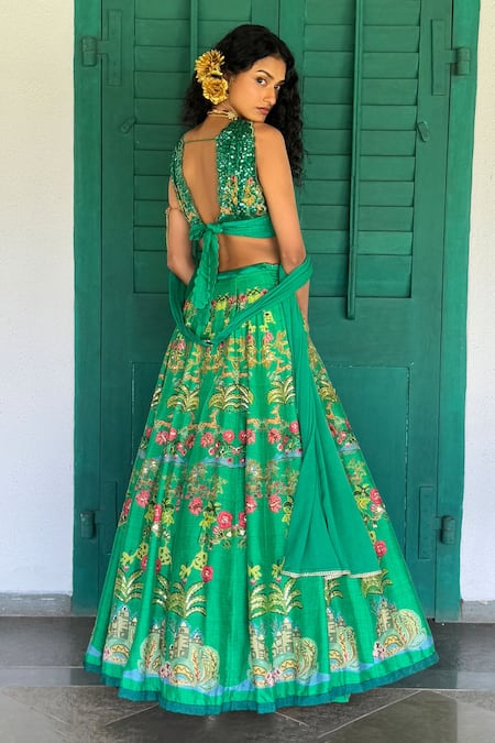 Shop_Basil Leaf_Green Cotton Sequins, Embroidery V-neck Emerald Lehenga Set _at_Aza_Fashions