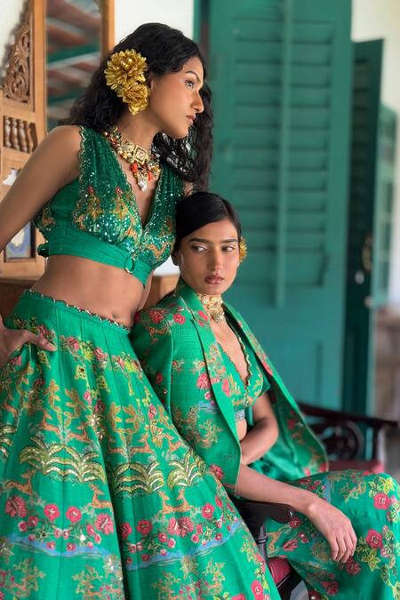 Shop_Basil Leaf_Green Cotton Sequins, Embroidery V-neck Emerald Lehenga Set _Online_at_Aza_Fashions