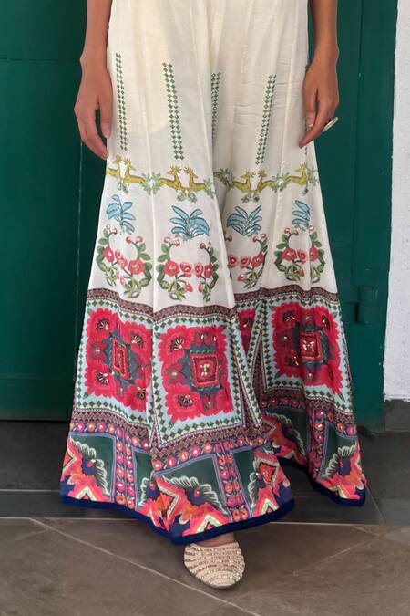 Basil Leaf_Beige Chiffon, Tussar Embroidery Scoop Neck Floral Crop Top And Palazzo Set _Online_at_Aza_Fashions