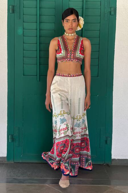 Buy_Basil Leaf_Beige Chiffon, Tussar Embroidery Scoop Neck Floral Crop Top And Palazzo Set _Online_at_Aza_Fashions