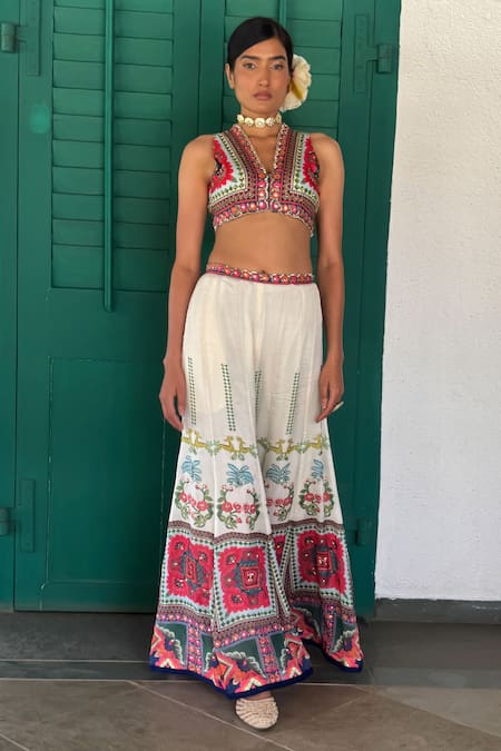 Shop_Basil Leaf_Beige Chiffon, Tussar Embroidery Scoop Neck Floral Crop Top And Palazzo Set _at_Aza_Fashions
