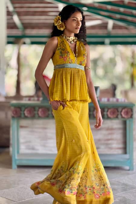 Shop_Basil Leaf_Mustard Chiffon Embroidery V-neck Peplum Kurta Set _at_Aza_Fashions