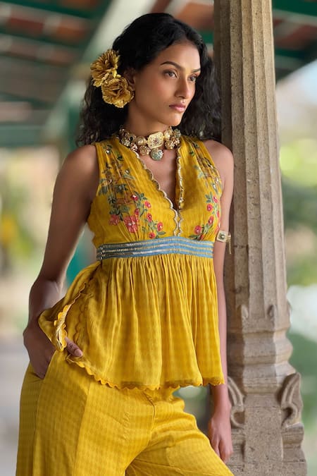 Buy_Basil Leaf_Mustard Chiffon Embroidery V-neck Peplum Kurta Set _Online_at_Aza_Fashions