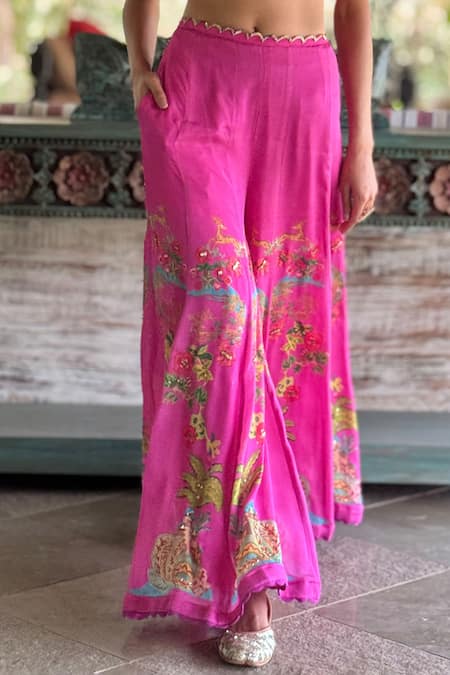 Basil Leaf_Pink Chiffon Embroidery Scoop Neck Crop Top And Flared Pant Set _Online_at_Aza_Fashions