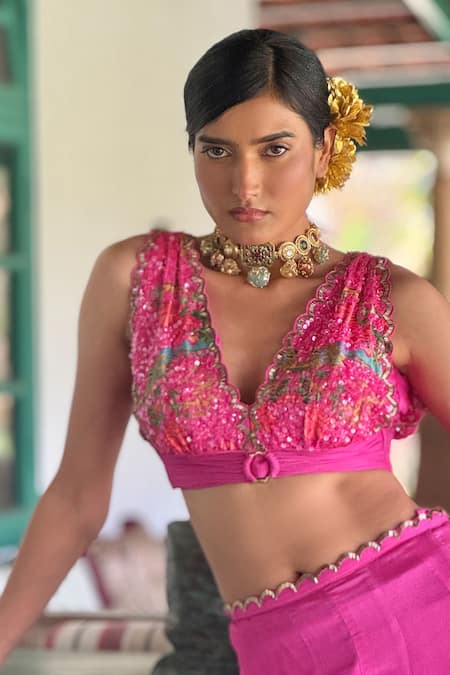 Buy_Basil Leaf_Pink Chiffon Embroidery Scoop Neck Crop Top And Flared Pant Set _Online_at_Aza_Fashions