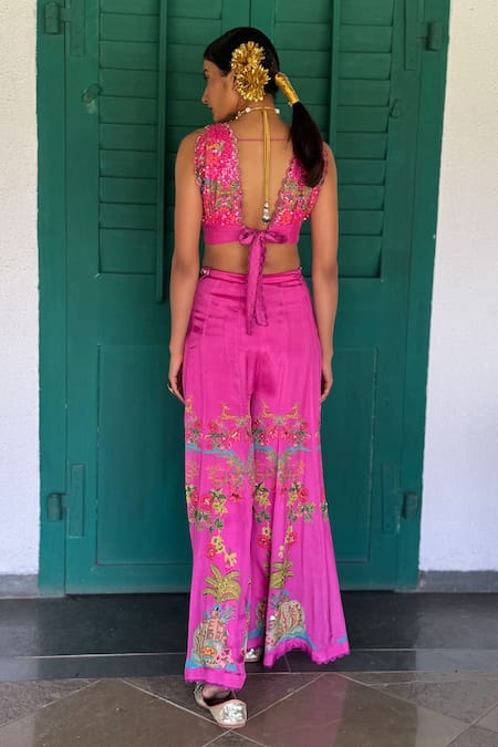 Shop_Basil Leaf_Pink Chiffon Embroidery Scoop Neck Crop Top And Flared Pant Set _at_Aza_Fashions