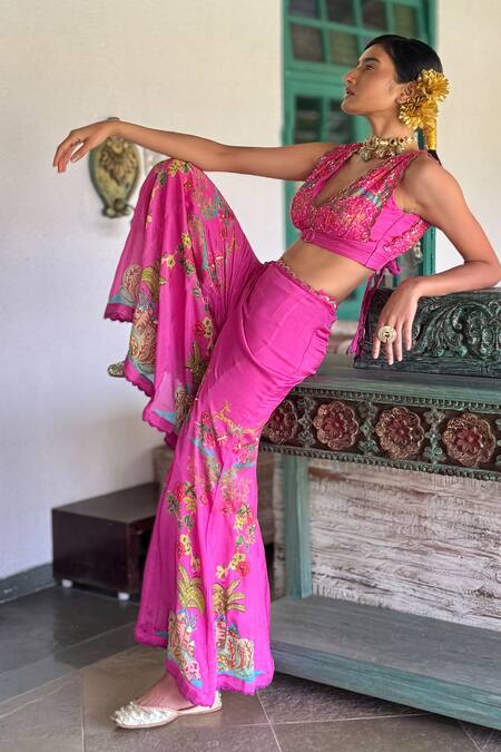 Shop_Basil Leaf_Pink Chiffon Embroidery Scoop Neck Crop Top And Flared Pant Set _Online_at_Aza_Fashions