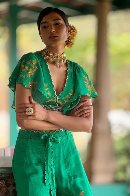 Basil Leaf_Green Chiffon Embroidery Scoop Neck Crop Top And Palazzo Set _Online_at_Aza_Fashions