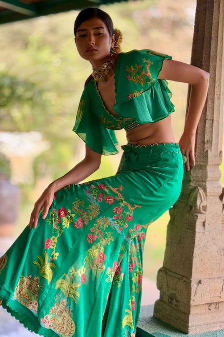 Buy_Basil Leaf_Green Chiffon Embroidery Scoop Neck Crop Top And Palazzo Set _Online_at_Aza_Fashions