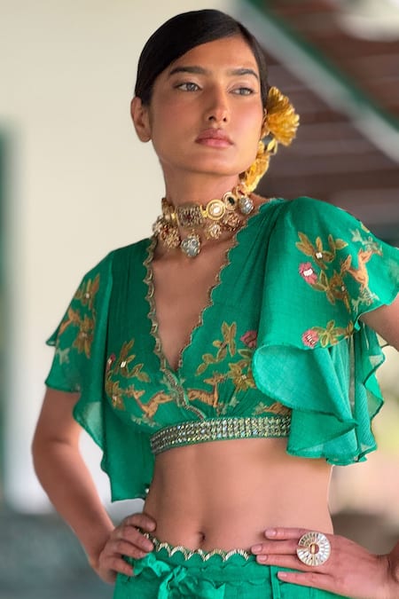 Shop_Basil Leaf_Green Chiffon Embroidery Scoop Neck Crop Top And Palazzo Set _Online_at_Aza_Fashions