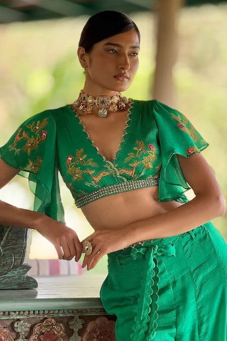 Basil Leaf_Green Chiffon Embroidery Scoop Neck Crop Top And Palazzo Set _at_Aza_Fashions