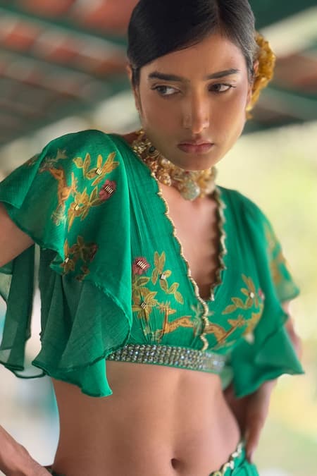 Buy_Basil Leaf_Green Chiffon Embroidery Scoop Neck Crop Top And Palazzo Set 