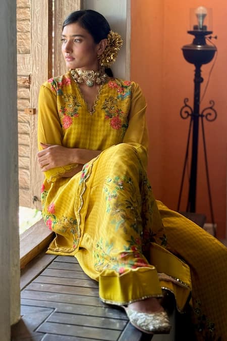 Basil Leaf_Yellow Chiffon Embroidery Scallop Neckline Sharara Set _Online_at_Aza_Fashions