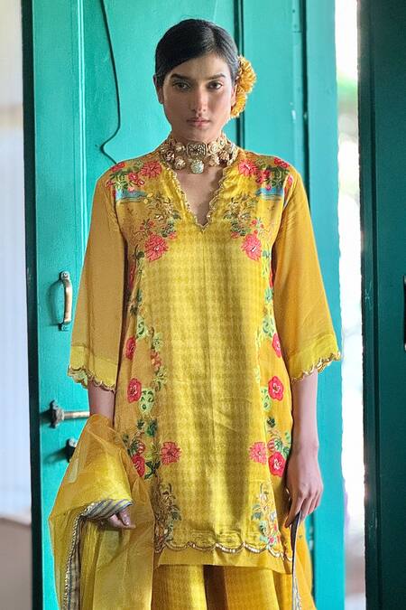 Shop_Basil Leaf_Yellow Chiffon Embroidery Scallop Neckline Sharara Set _Online_at_Aza_Fashions