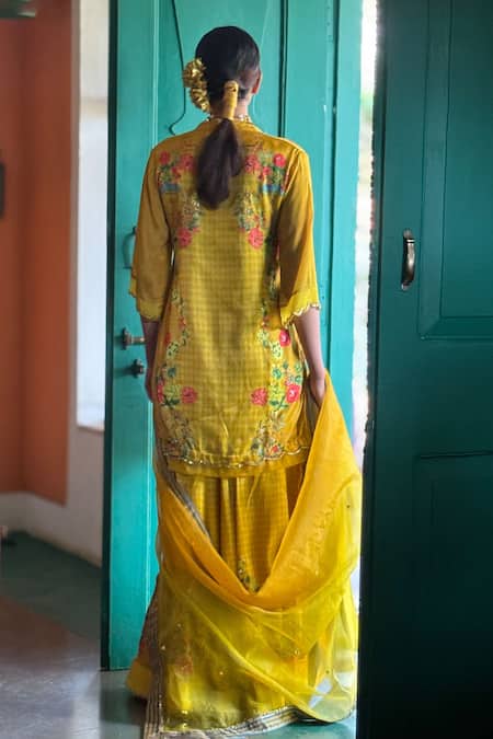 Shop_Basil Leaf_Yellow Chiffon Embroidery Scallop Neckline Sharara Set _at_Aza_Fashions