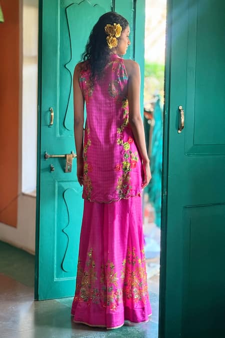 Shop_Basil Leaf_Fuchsia Satin, Chiffon Embroidery Scoop Neck Pink Floral Sharara Set _at_Aza_Fashions