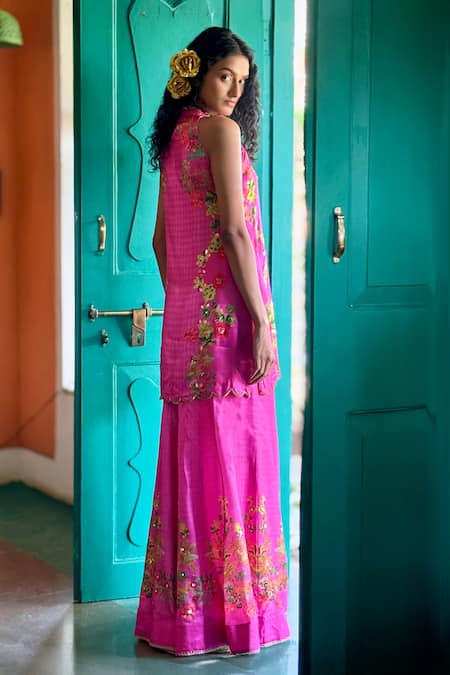 Basil Leaf_Fuchsia Satin, Chiffon Embroidery Scoop Neck Pink Floral Sharara Set _Online_at_Aza_Fashions